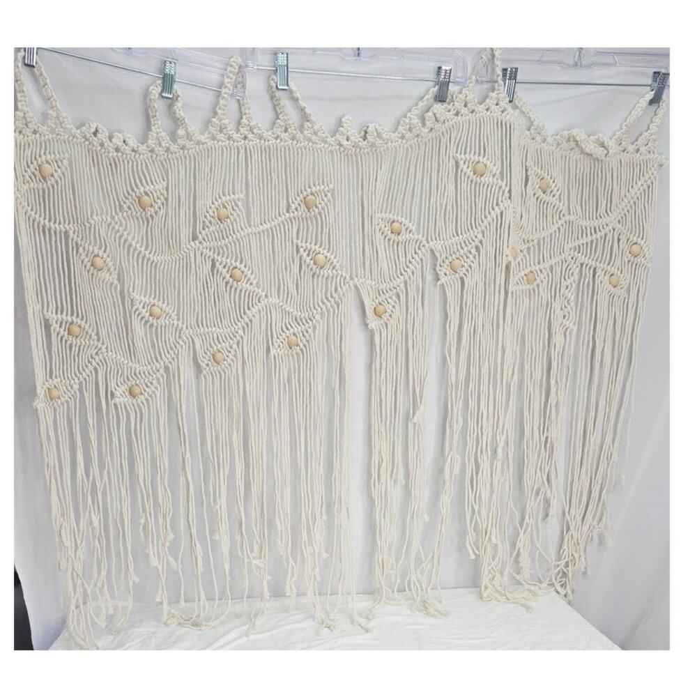 Boho Macrame Wall Hanging w Wood Beads Fringe Handmade Style Decor 45" x 36"